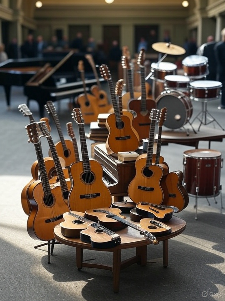 UK musical instrument auctions featuring guitars, pianos, and drums at liquidation auction houses in London, Manchester, and Glasgow